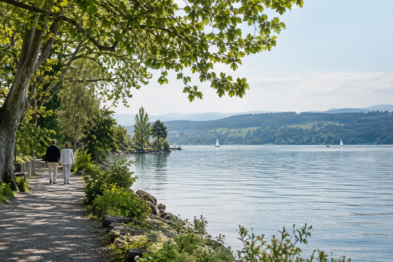 AI-generated Swiss lakeside concept with two people walking beside the water