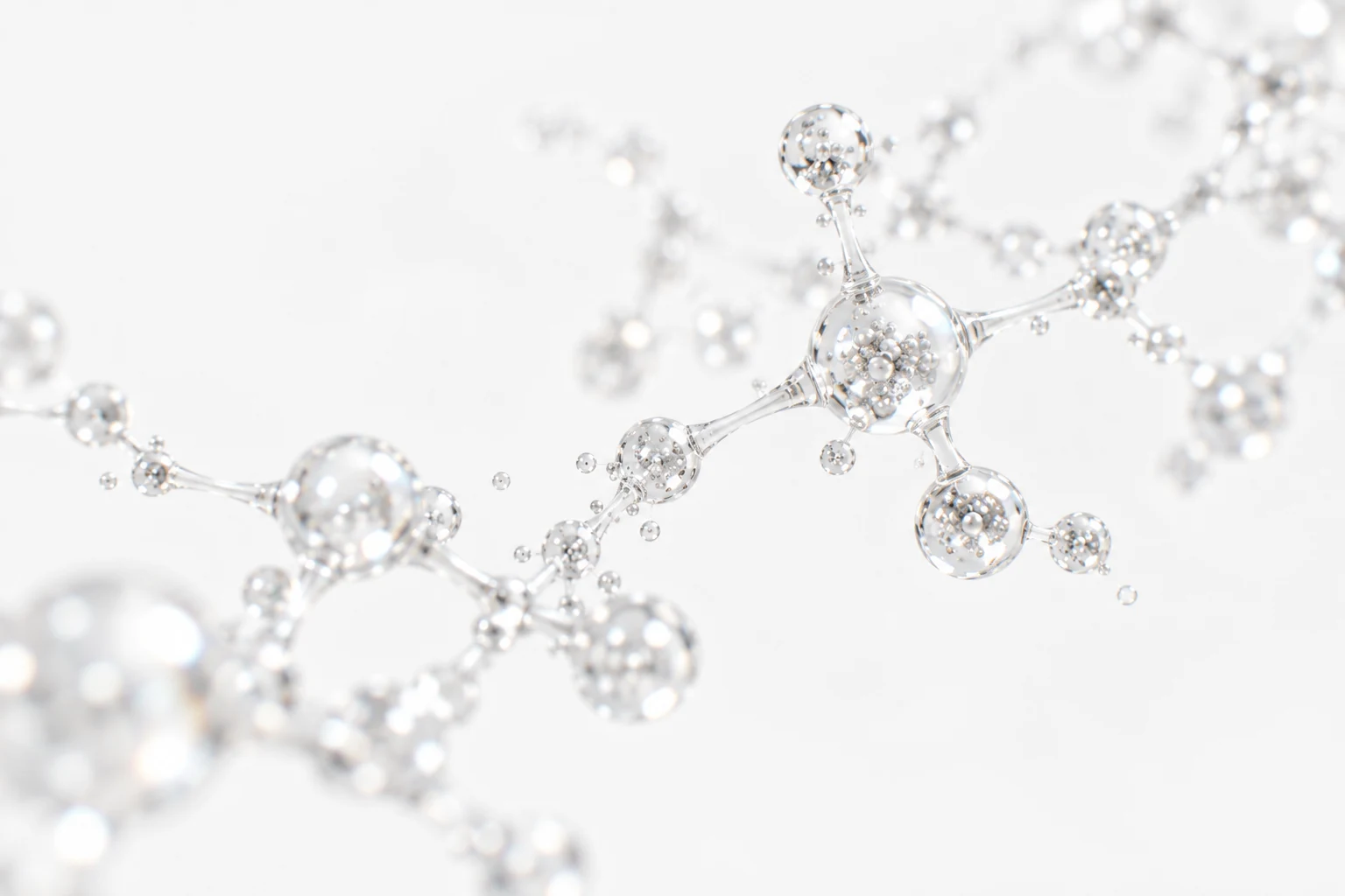 AI-generated scientific illustration: airy network of glass-like molecular connections and pearl-like spheres on a soft white background
